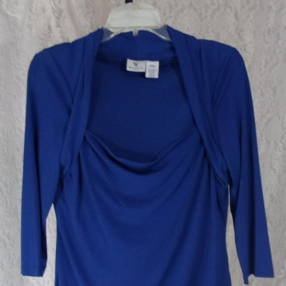 Worthington Royal Blue Stretch Knit Top Blouse Drape Neckline